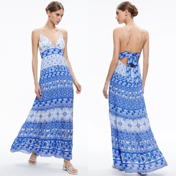 NWT Alice + Olivia Karolina Greek Tile Blue White Maxi Dress Sleeveless Tie Back